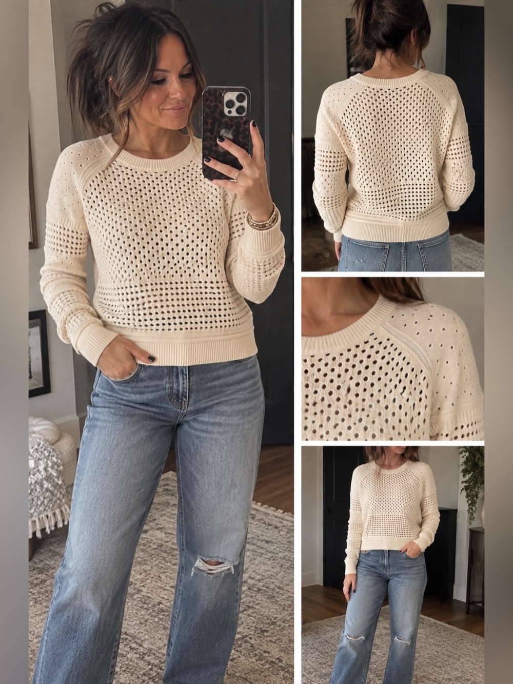 Halston Heritage Cream Open Knit Crochet Sweater Long Sleeve Pullover
